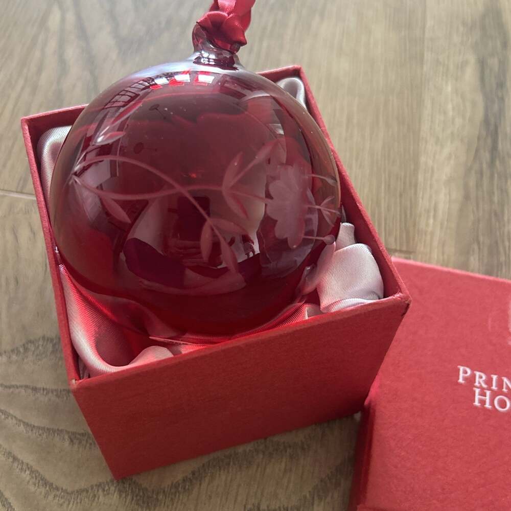 Princess House Red Etched Glass Christmas Ornament #6231 Handblown and Handcut